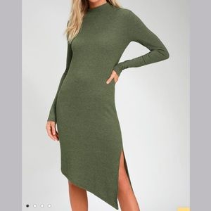 Lulus Olive Asymmetrical Mock Neck Sweater Dress